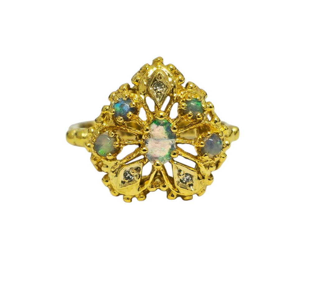 Vintage Heart Motif Opal Ring in 14k Yellow Gold