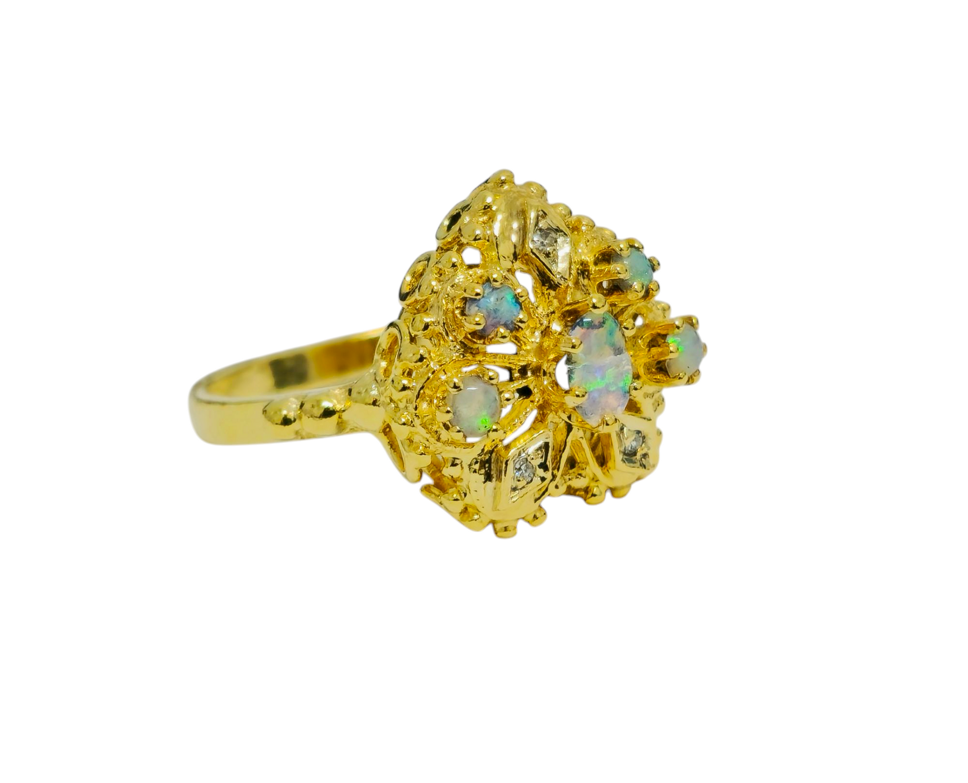 Vintage Heart Motif Opal Ring in 14k Yellow Gold