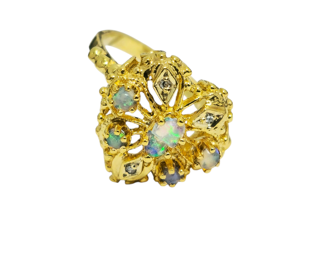 Vintage Heart Motif Opal Ring in 14k Yellow Gold