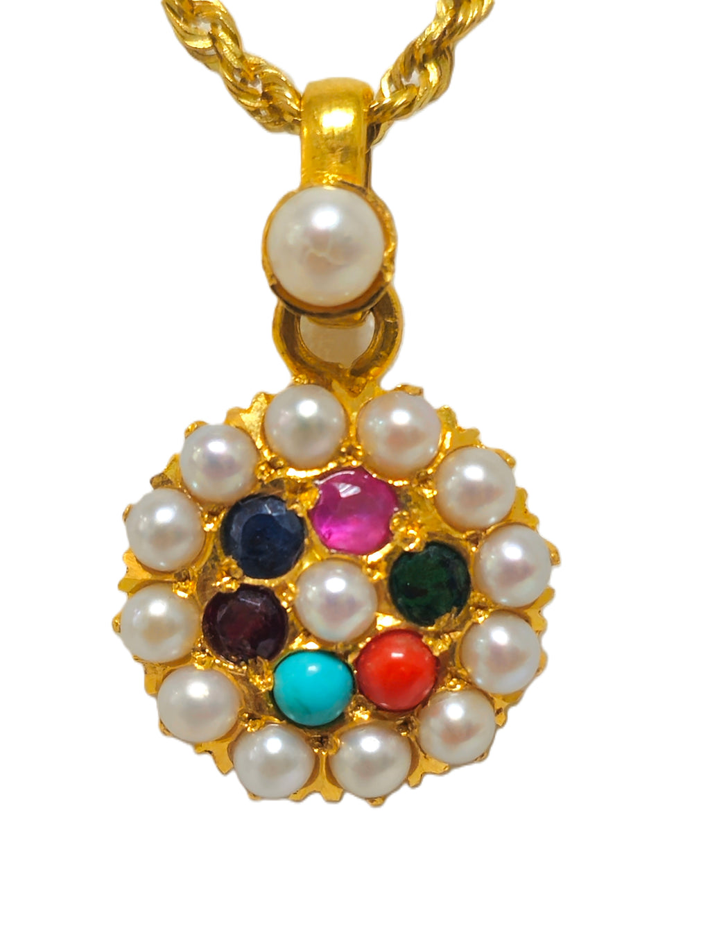 Vintage Mughal Empire style pendant in 22k yellow gold with multigemstones, featuring intricate design from Prince The Jeweler.
