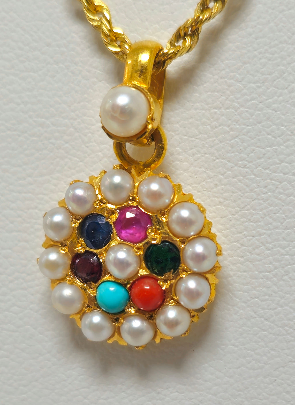 Vintage Mughal Empire style 22k yellow gold multigemstone pendant with intricate design, crafted by Prince The Jeweler.