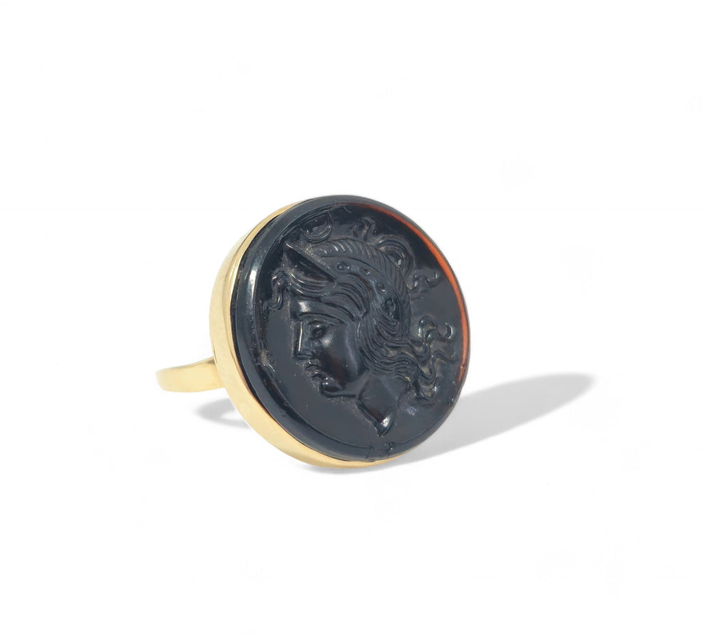 14k yellow gold black agate cameo ring for women featuring intricate carved design, elegant jewelry piece by Prince The Jeweler