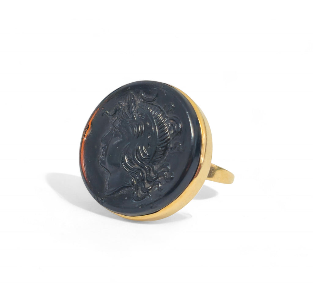 14k yellow gold black agate cameo ring for women featuring a detailed carved profile design.