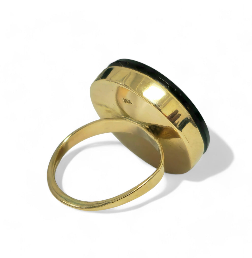 14k yellow gold black agate cameo ring for women featuring detailed carved design and elegant gold band by Prince The Jeweler