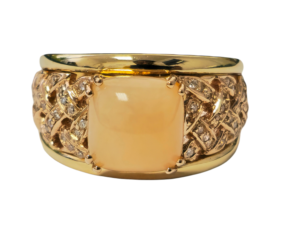 Women's modern pink opal and diamond engagement ring featuring a 5.70 carat pink opal gemstone, designed by Prince The Jeweler.