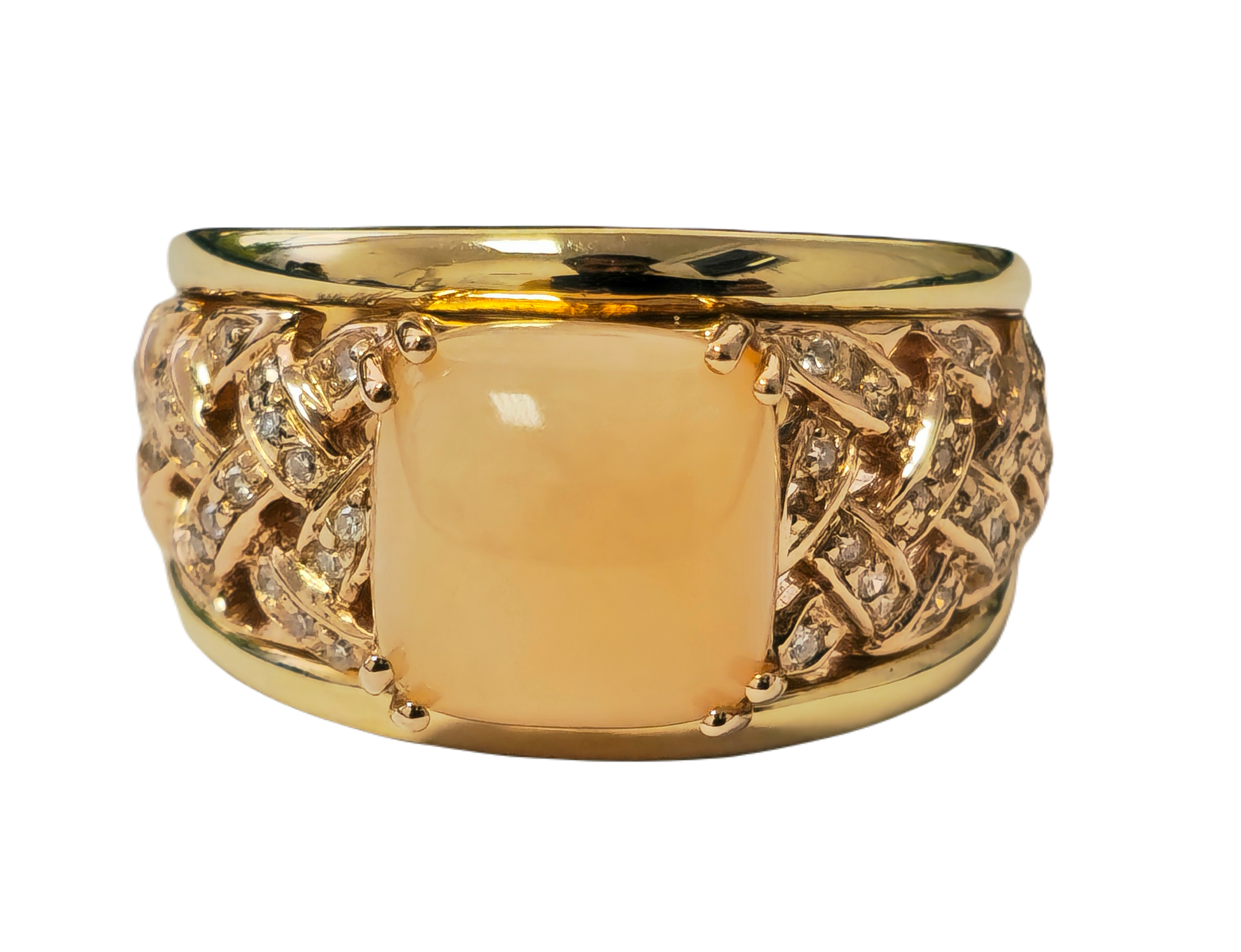 Women's modern pink opal and diamond engagement ring featuring a 5.70 carat pink opal gemstone, designed by Prince The Jeweler.