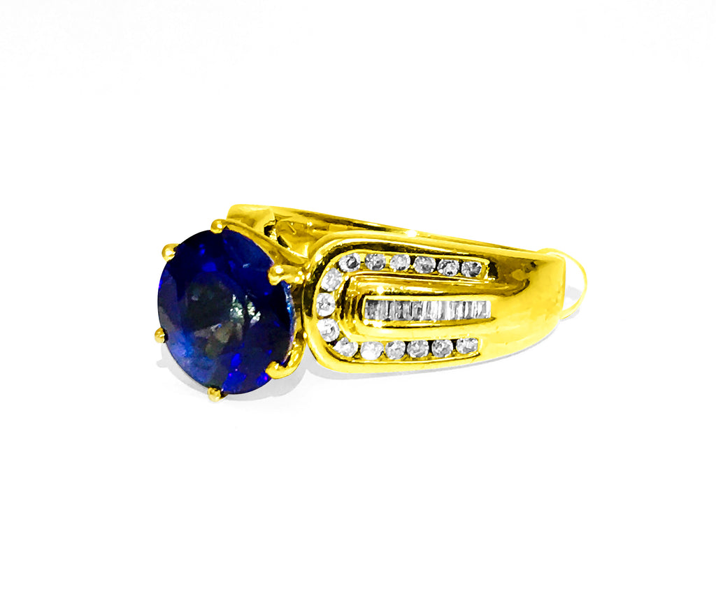 Vintage Natural 7.00 Carat Blue Sapphire and Diamond Ring with intricate band design, crafted by Prince The Jeweler.