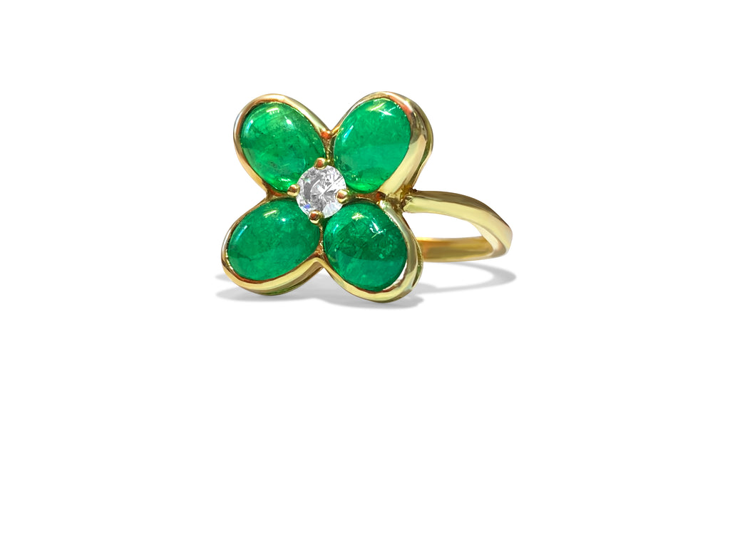 18K gold ring with an 8.50 CT emerald and diamond accents, elegant jewelry piece by Prince The Jeweler.