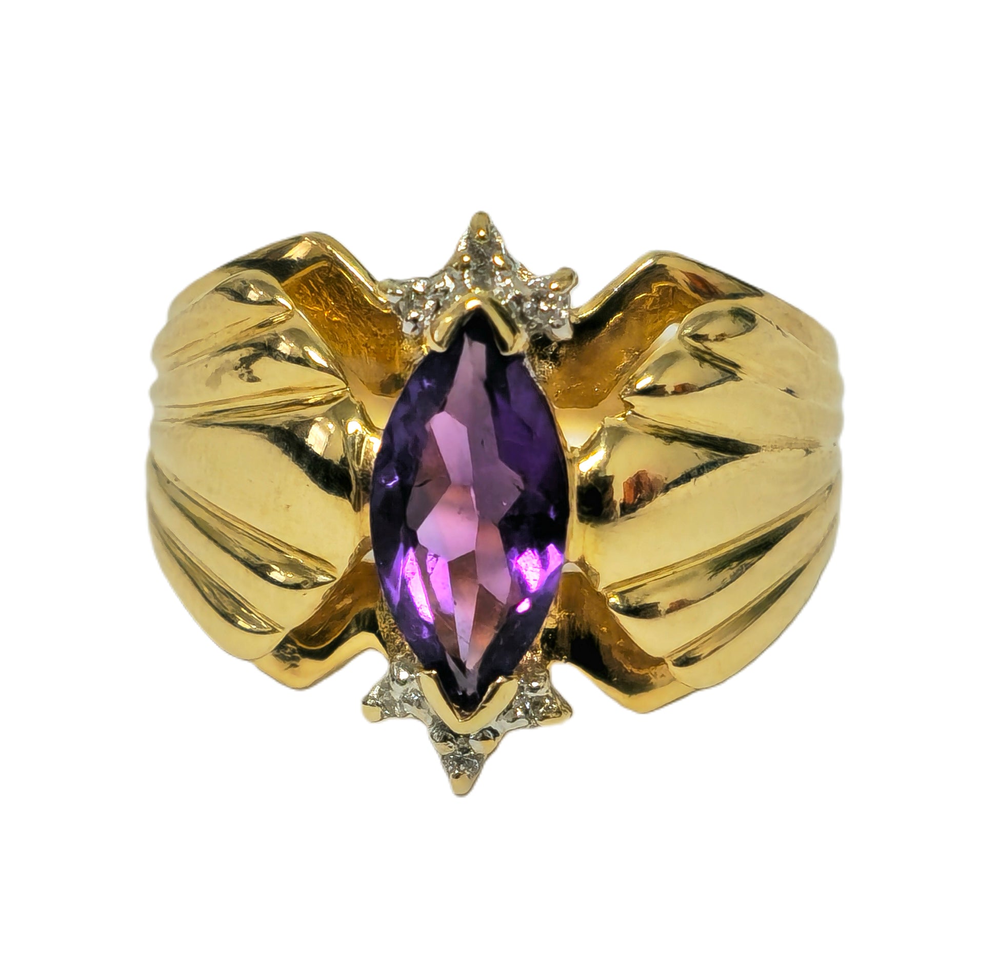 Victorian style 2.30 carat amethyst and diamond cocktail ring in 14k gold with intricate detailing and elegant design.