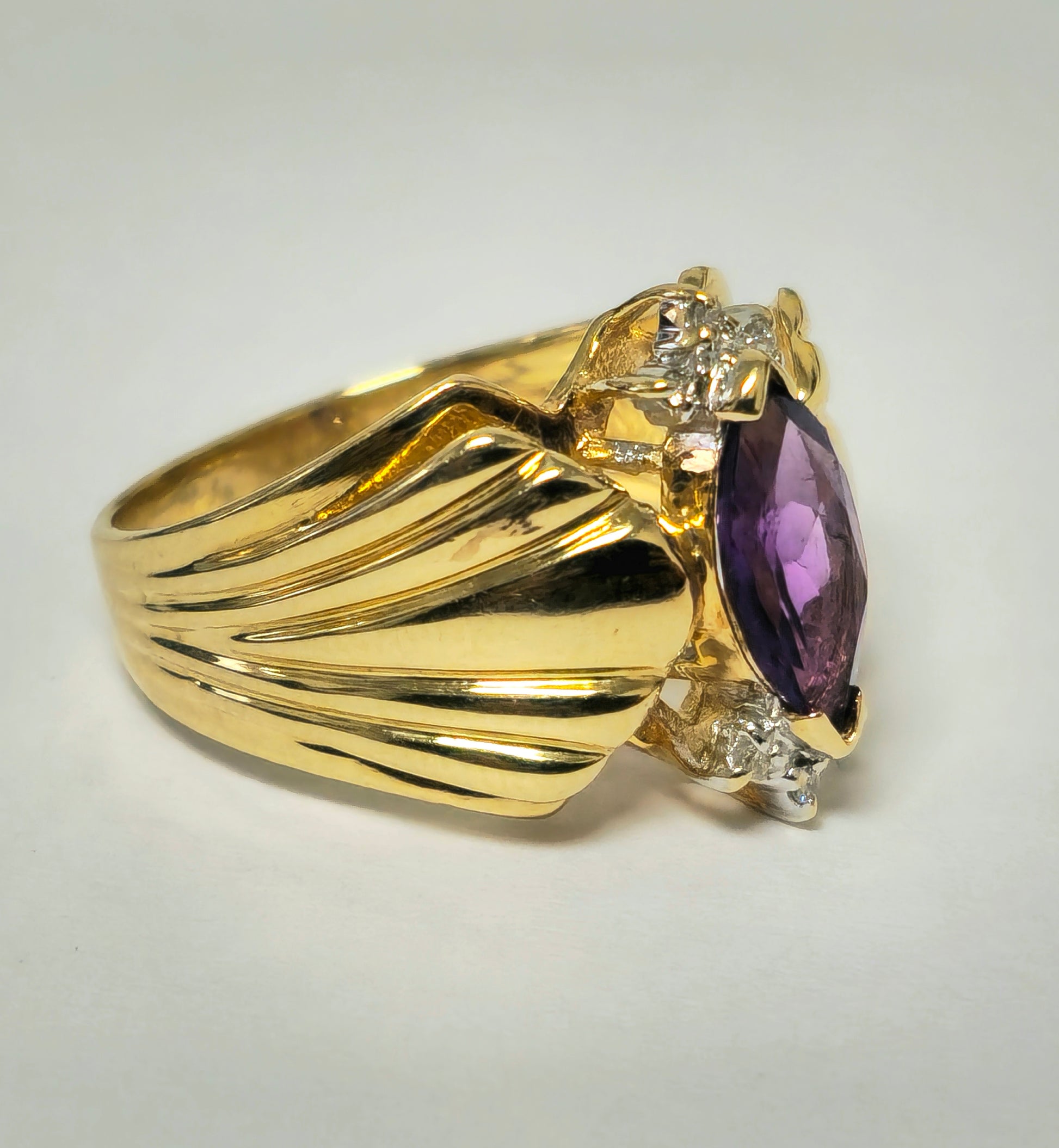 Victorian style 2.30 carat amethyst and diamond cocktail ring in 14k gold with intricate detailing by Prince The Jeweler