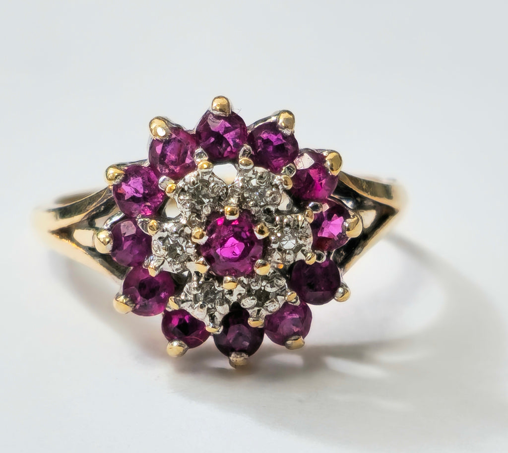 Vintage Natural 1.20 Carat Ruby & Diamond Cocktail Ring in 14k yellow gold - Pristine Diamonds
