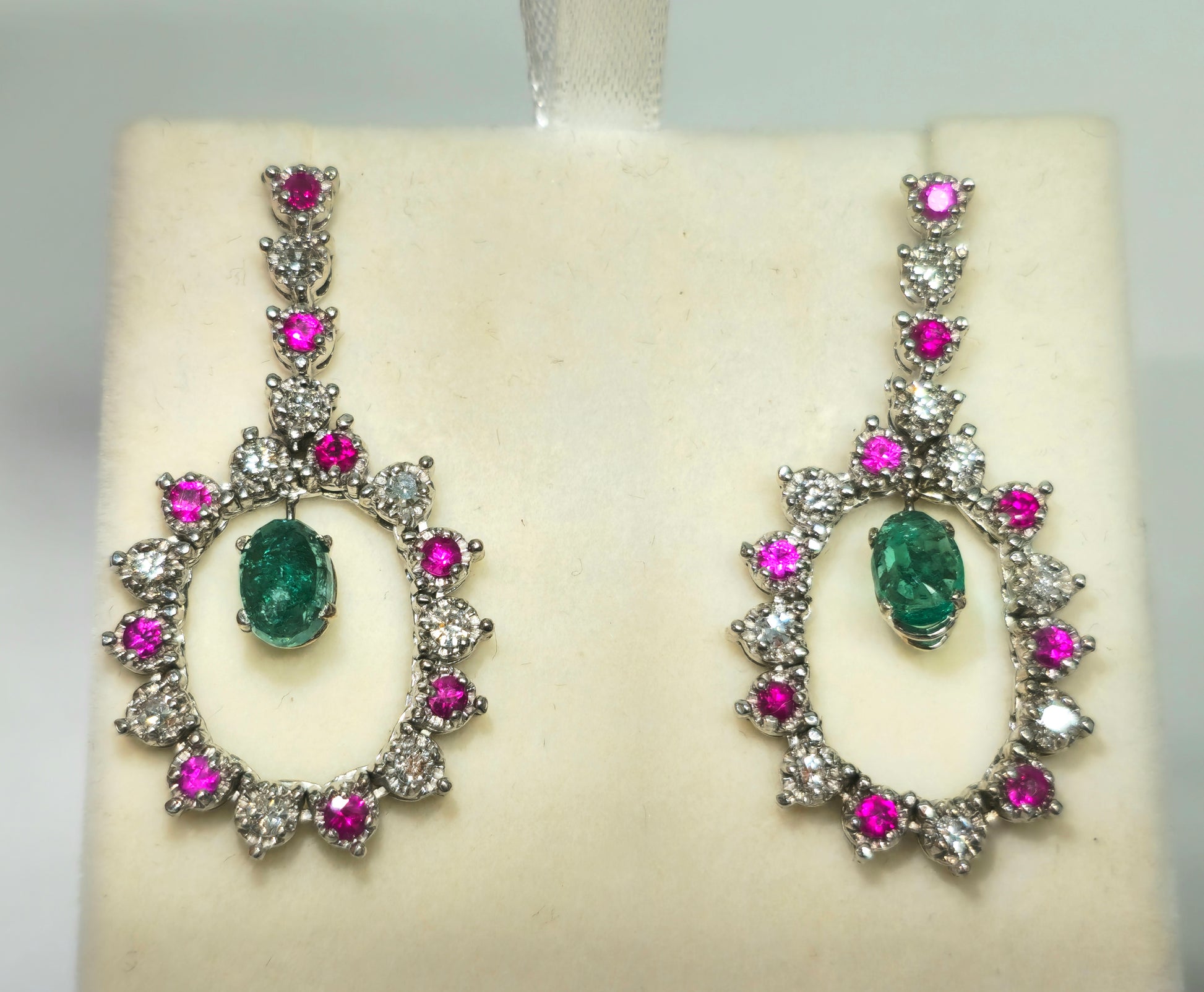 Cocktail Emerald Diamond Ruby Dangle Earrings