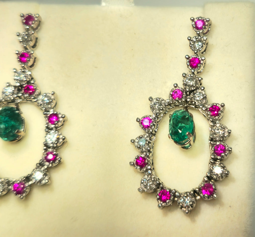 Emerald, diamond, and ruby dangle earrings featuring elegant gemstone design by Prince The Jeweler.