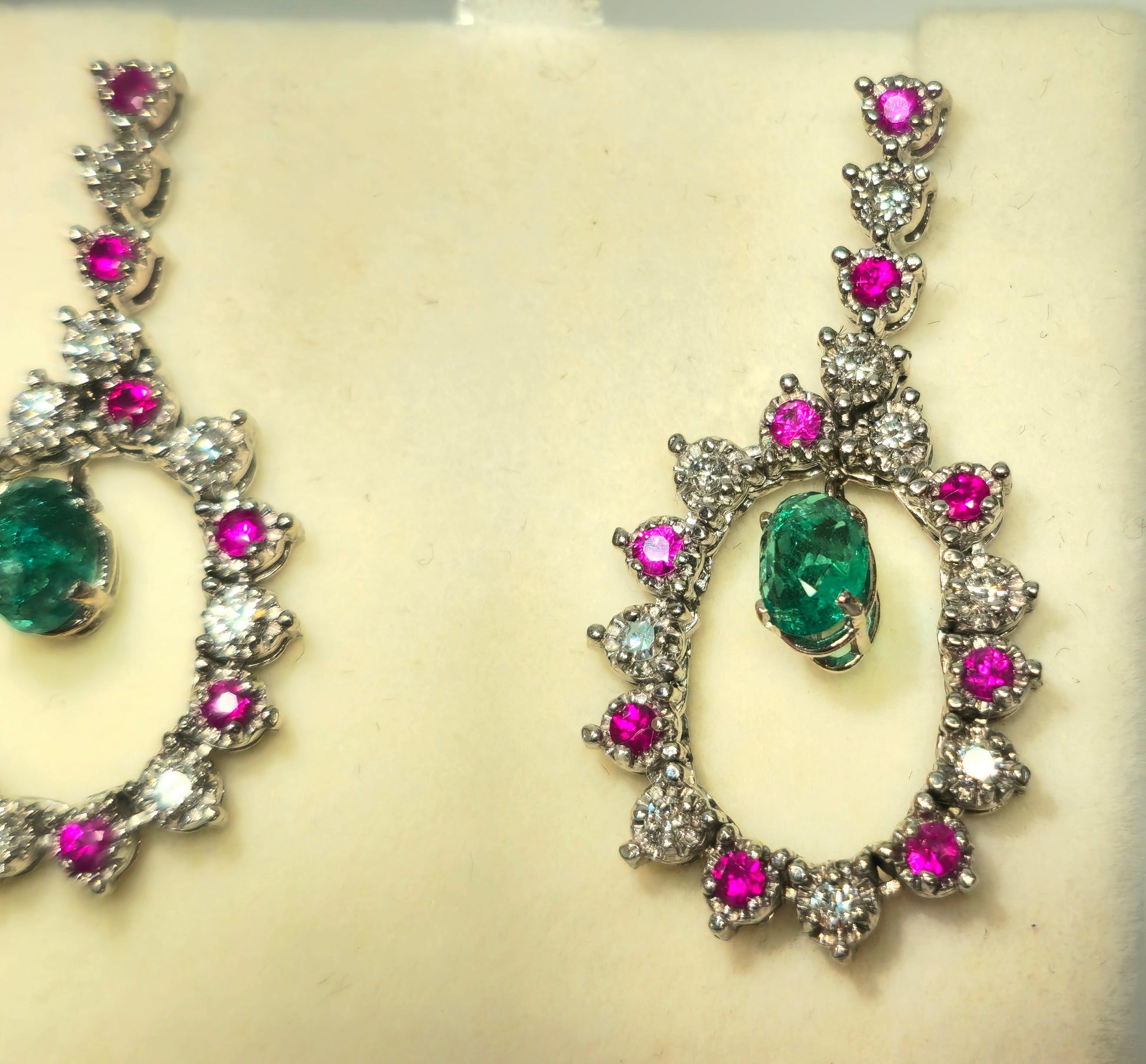 Cocktail Emerald Diamond Ruby Dangle Earrings