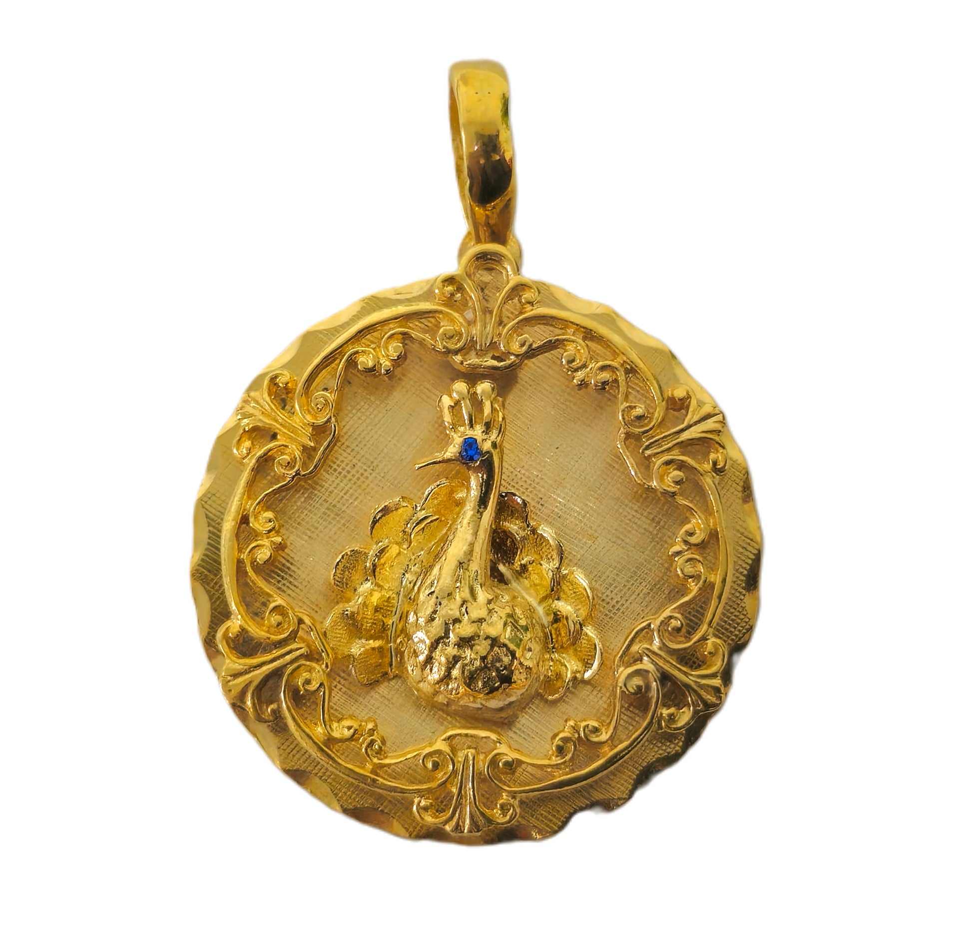 Vintage Peacock Motif Pendant with Blue Sapphire in 14k Gold - Pristine Diamonds