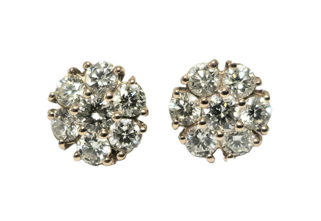 Elegant modern 2.50 carat VVS diamond cluster stud earrings in 14k rose gold, featuring sparkling diamond details.