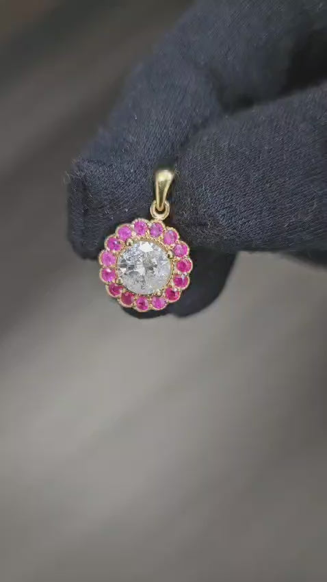 (GIA) 14K Yellow Gold, Diamond and Burma Ruby Pendant