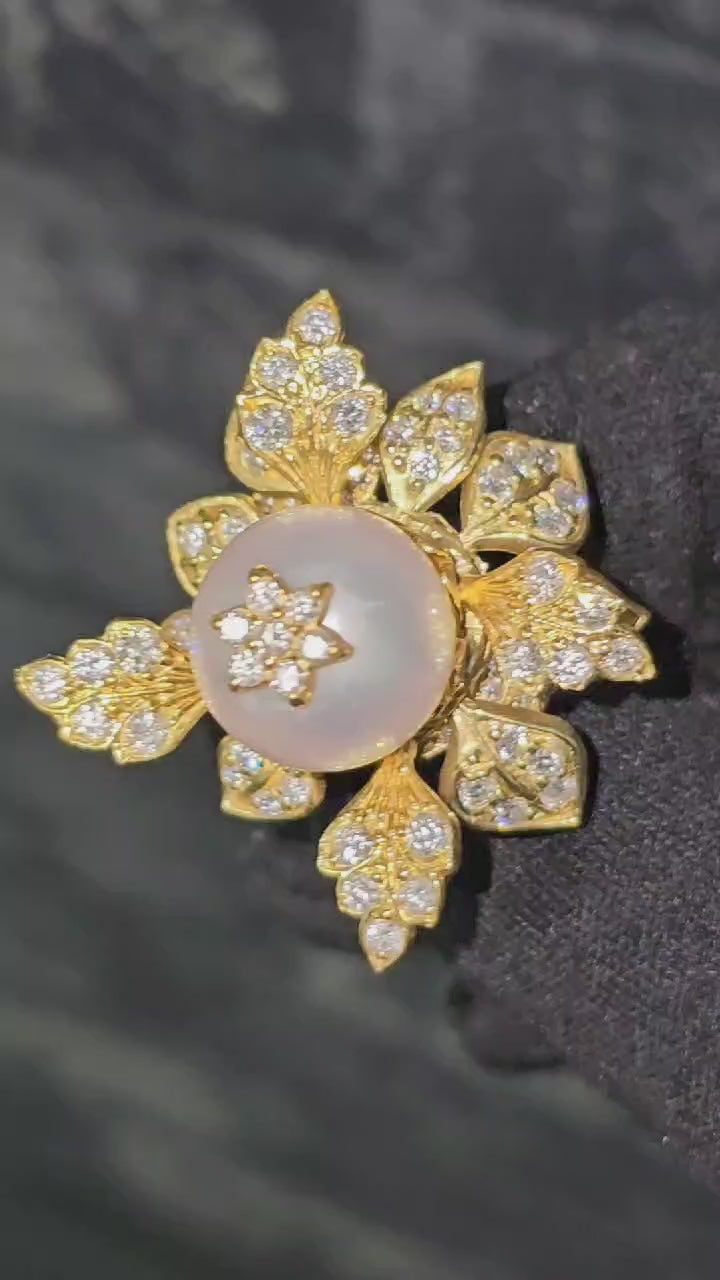 20ct Natural Pearl & Diamond Leaf Motif 18k Gold Ring