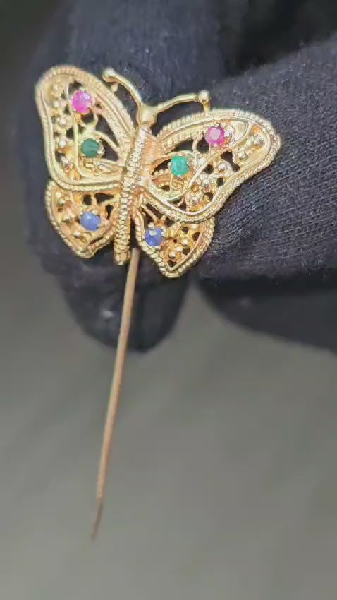 Butterlfy Motif Multi Gemstone Pin in 18k Yellow gold