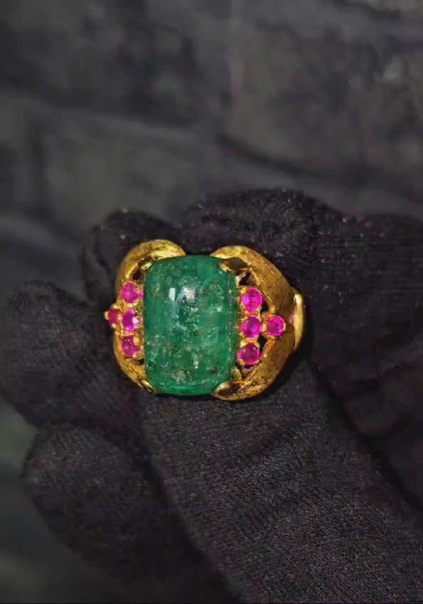 Rare 12.11 Carat Colombian Emerald & Ruby Ring in 14k Gold