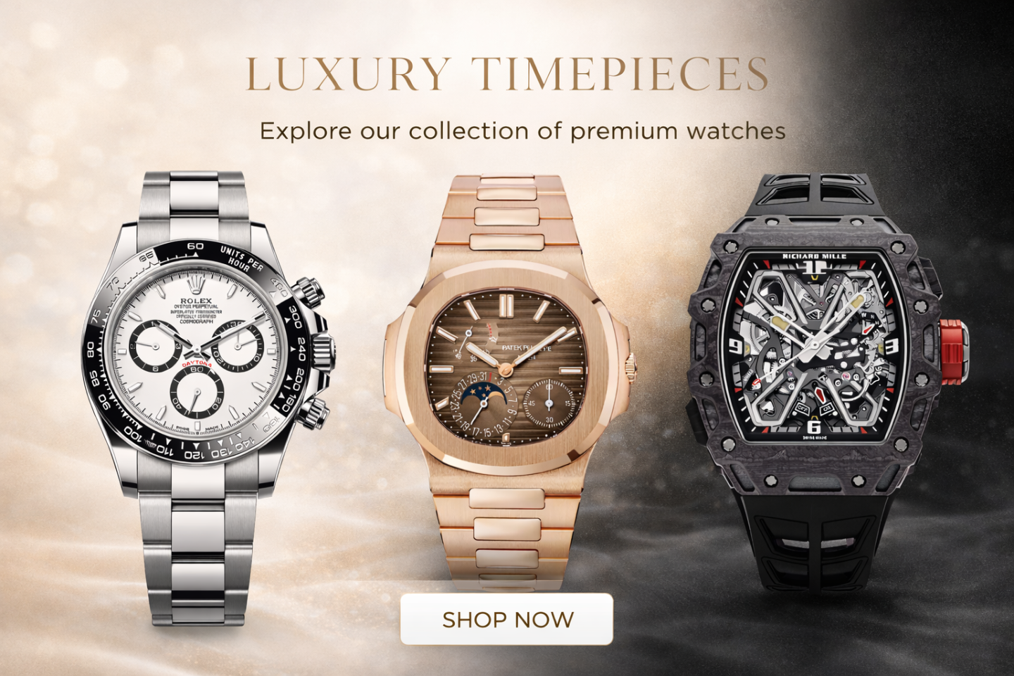 Three luxury watches displayed with 'Shop Now' button on a gradient background