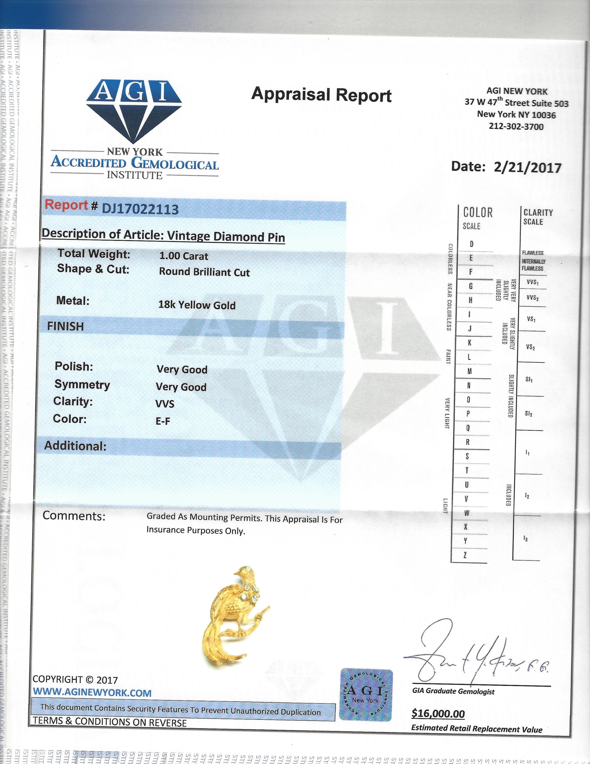 18K Yellow Gold, VVS Diamond Vintage Bird Pin - Prince The Jeweler 18k-yellow-gold-vvs-diamond-vintage-bird-pin, Pins