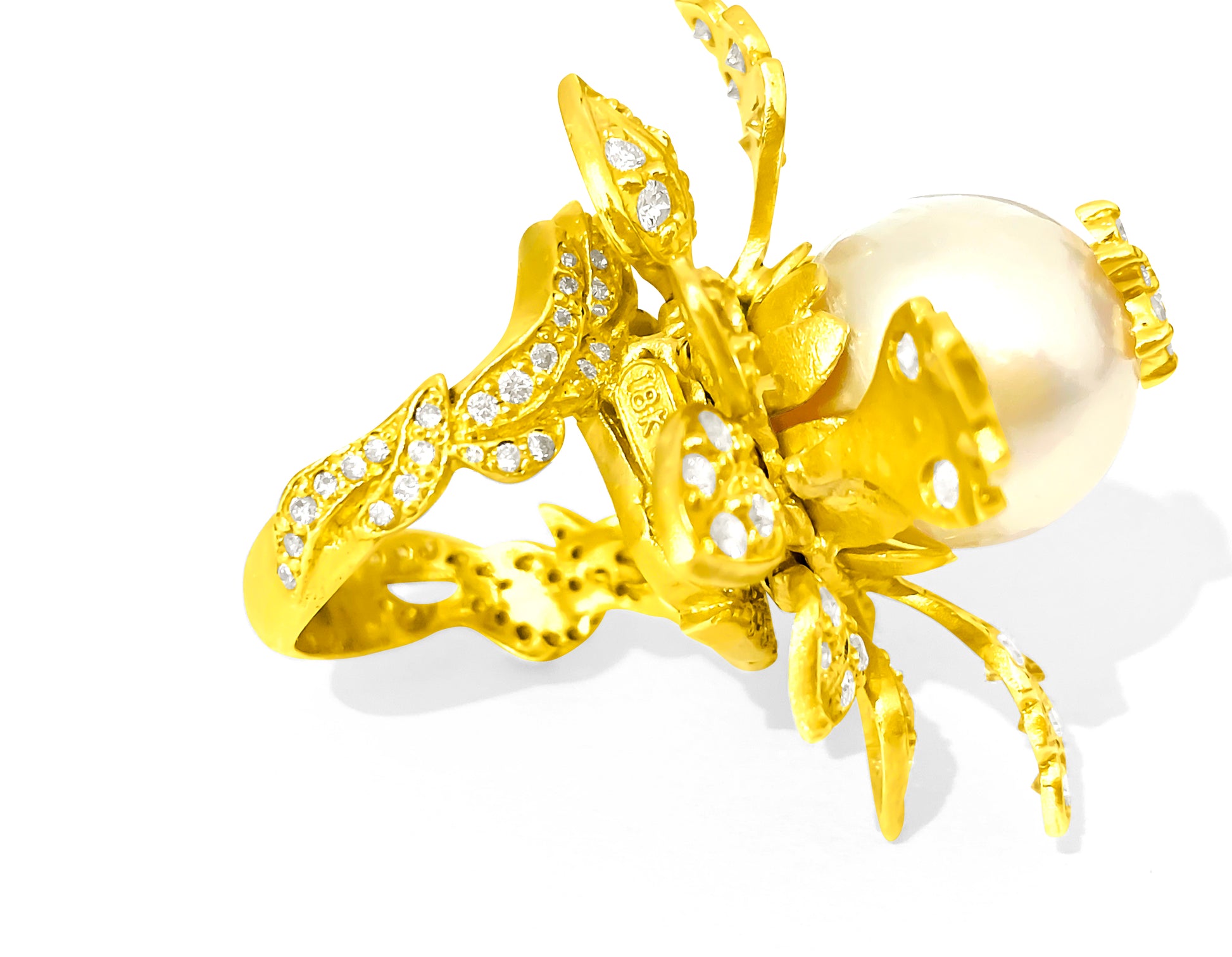 20ct Natural Pearl & Diamond Leaf Motif 18k Gold Ring - Prince The Jeweler 20ct-natural-pearl-diamond-leaf-motif-18k-gold-ring, Rings