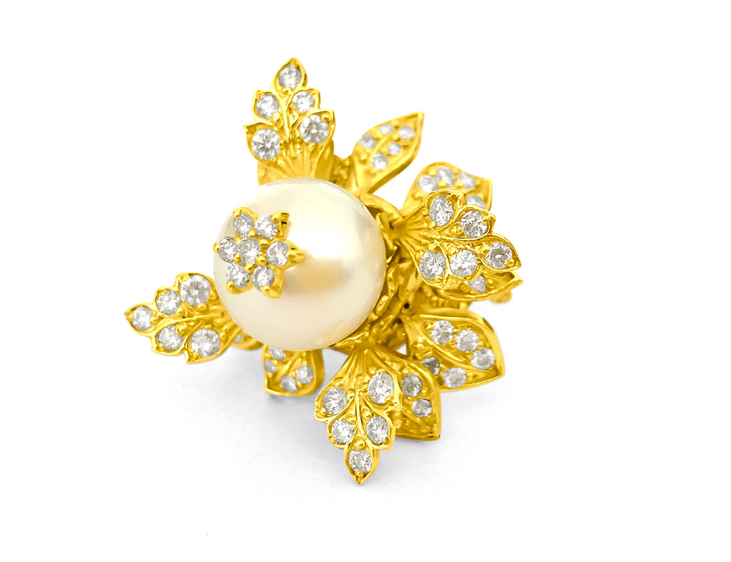 20ct Natural Pearl & Diamond Leaf Motif 18k Gold Ring - Prince The Jeweler 20ct-natural-pearl-diamond-leaf-motif-18k-gold-ring, Rings