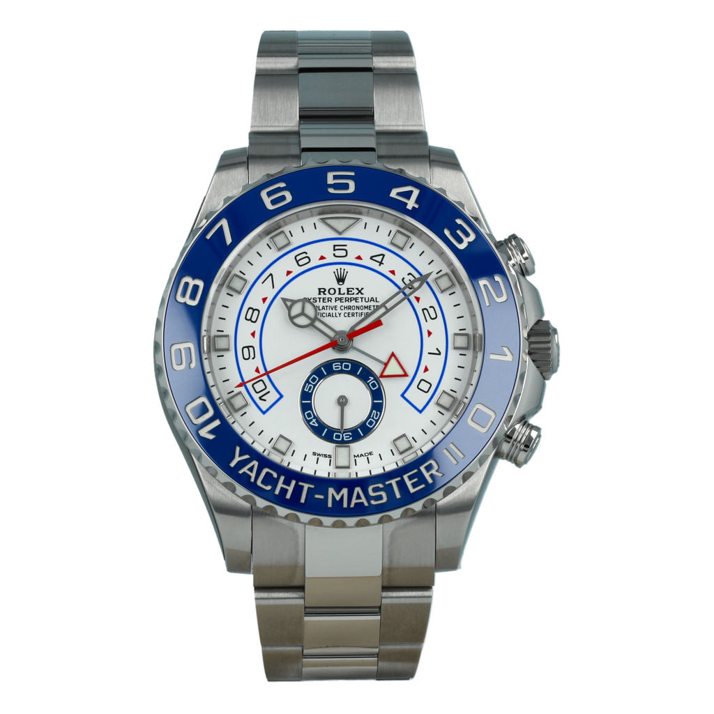 Stainless steel Rolex Yacht-Master II luxury men's watch with blue dial and chronograph features.