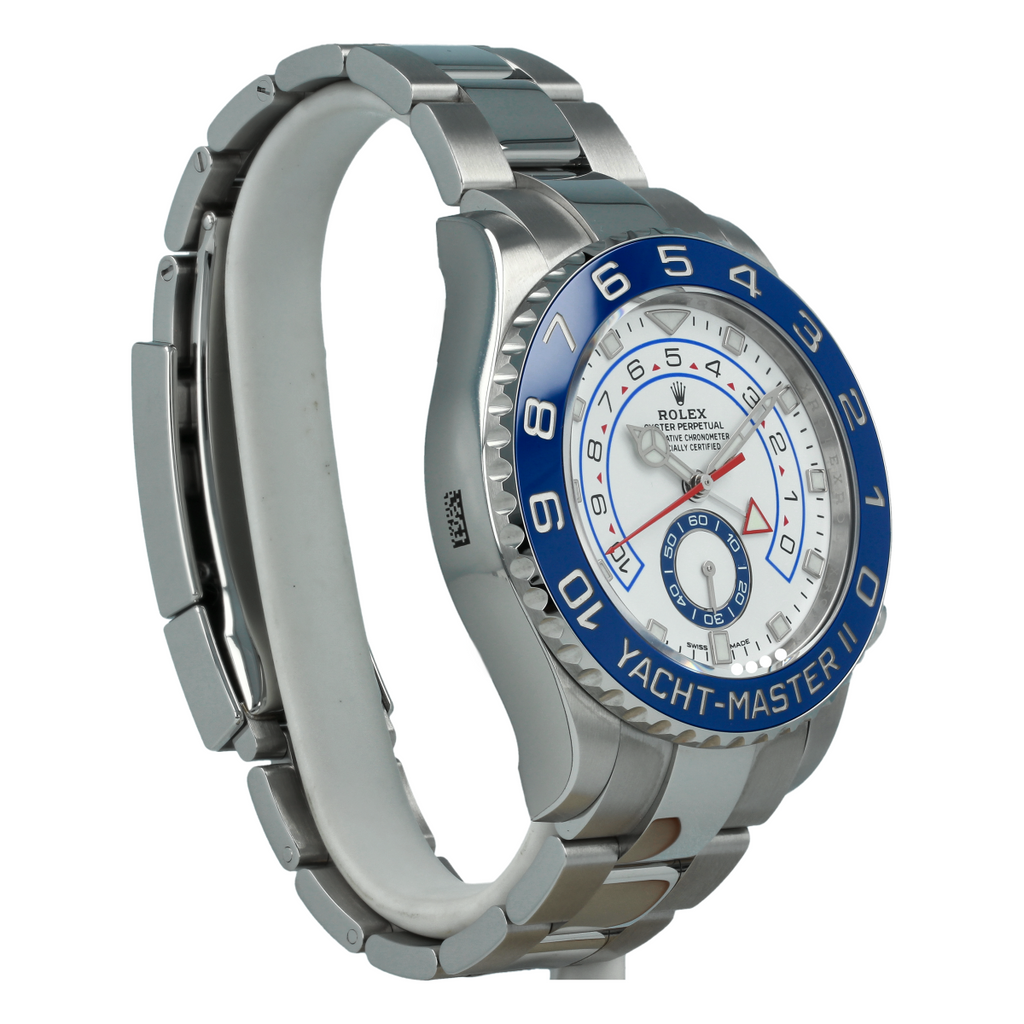 Stainless steel Rolex Yacht-Master II luxury men's watch with blue dial and chronograph features.